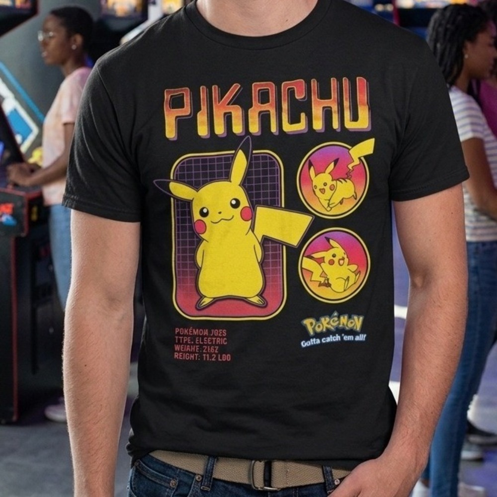 Pokémon Sz. XL Black Pikachu Stats Tee Anime All Seasons Catch Em All